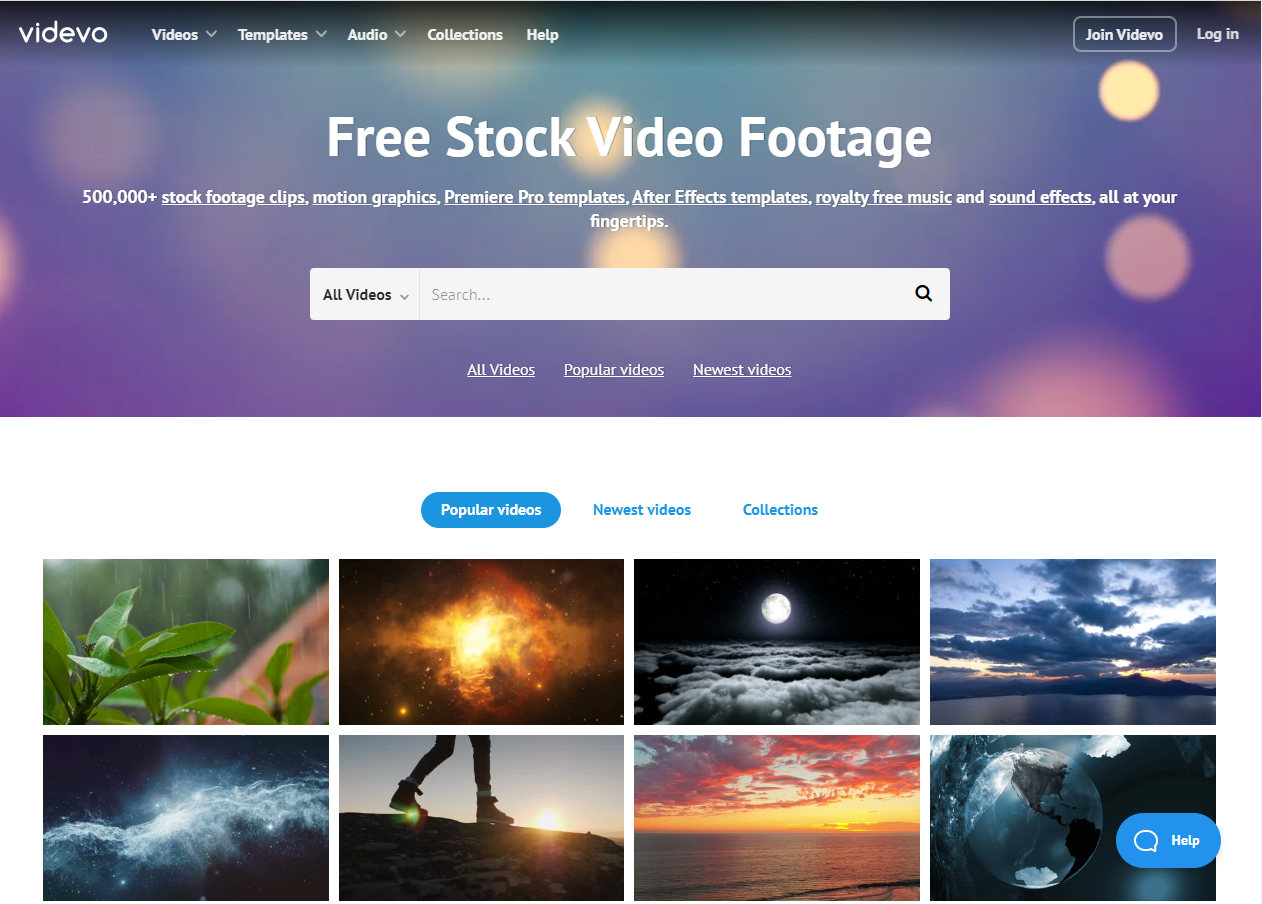 Capture d'écran de la page d'accueil de Videvo