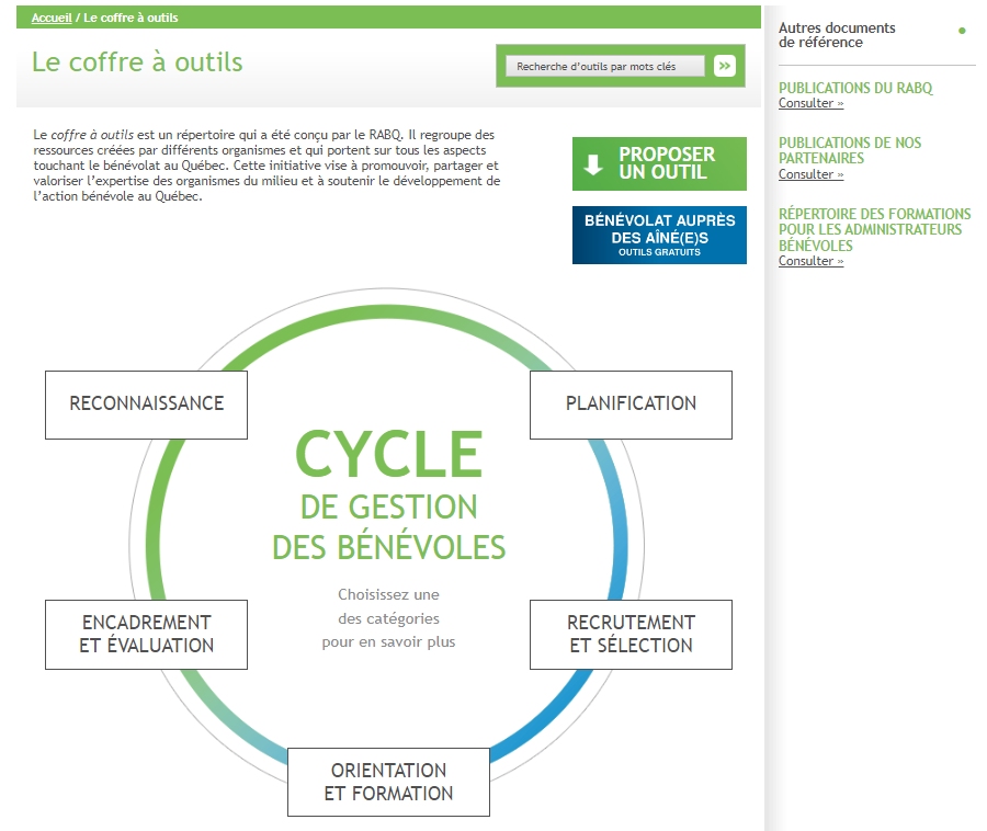 Accueil du coffre à outils du RABQ présentant les catégories de ressources en lien avec la gestion des bénévoles